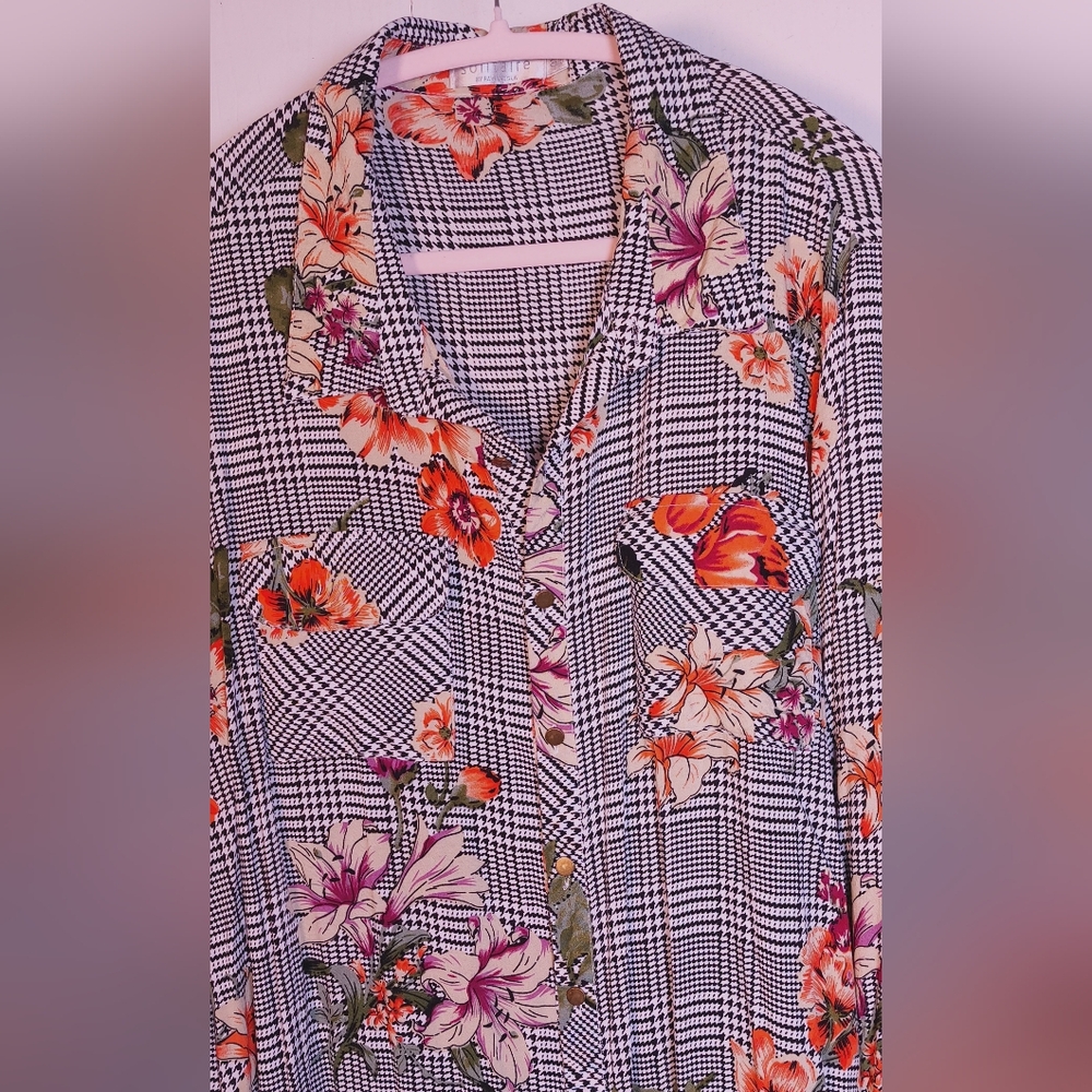 Solitaire Stripe Floral Button Front Tunic Blouse Size 3X Black White Collar - Picture 3 of 11